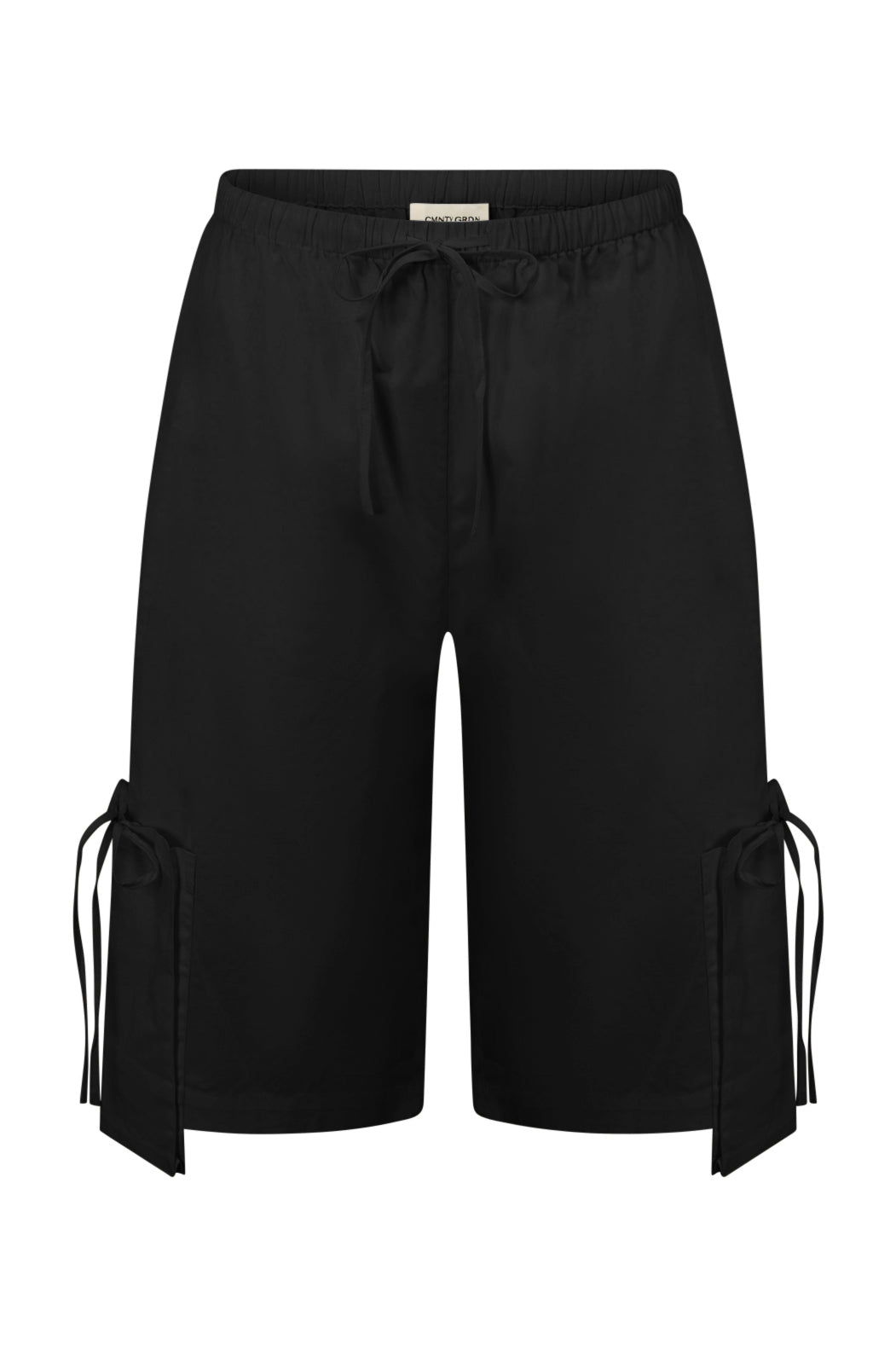 Black shorts with drawstring waistband on a white background