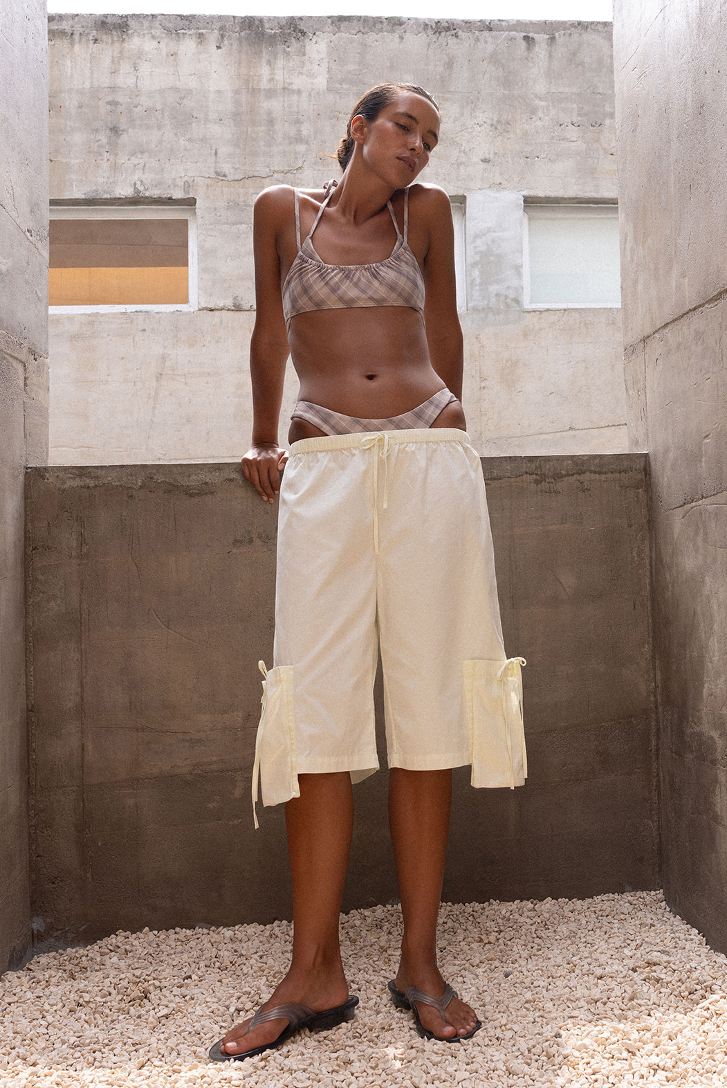 plaid gathered crop swim top and butter yellow long shorts