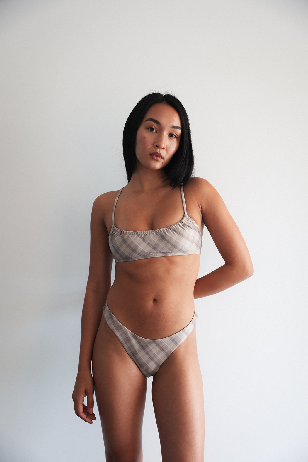 plaid gathered cropped swimwear top