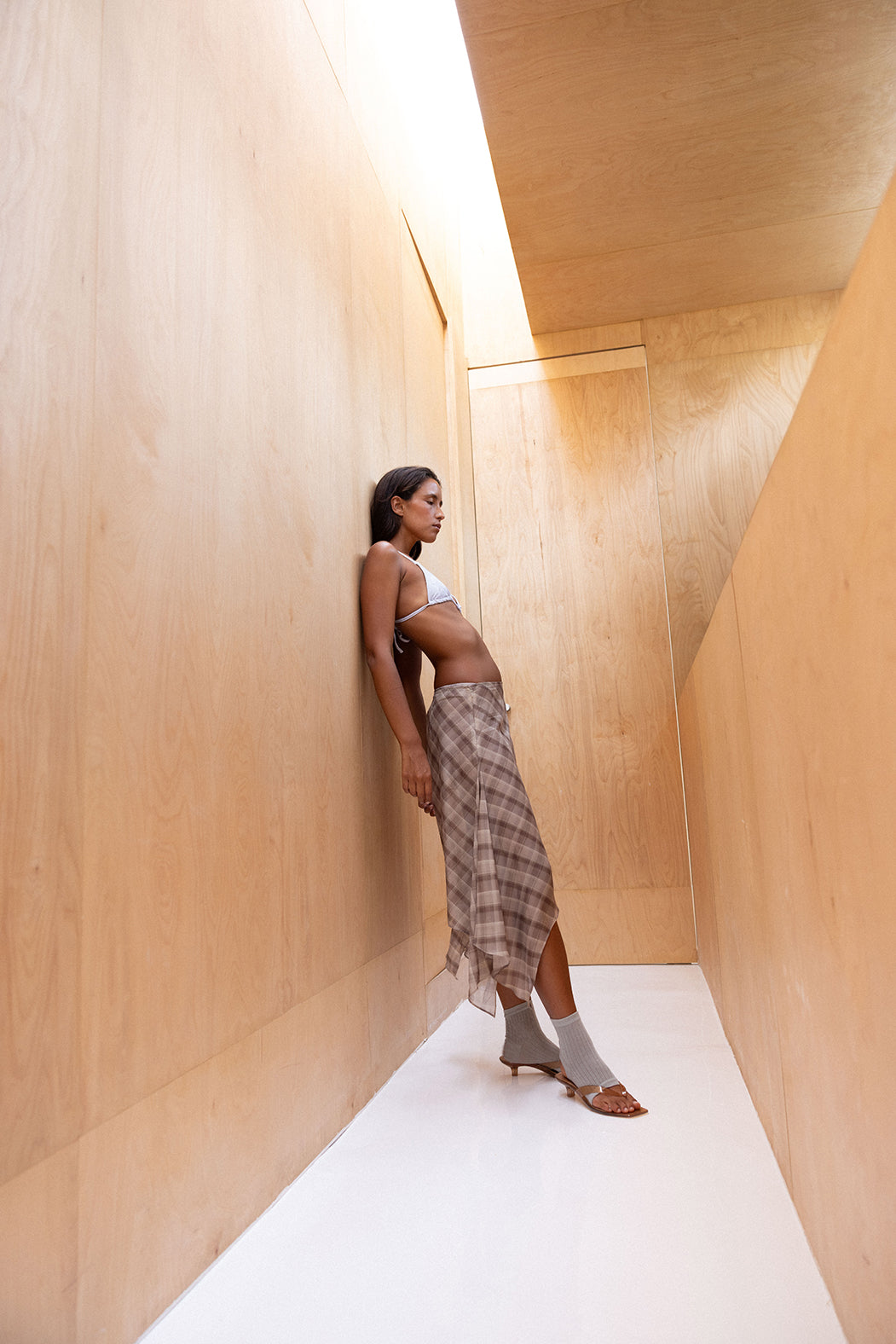 Grey marle bikini top and plaid silk skirt with grey toeless socks