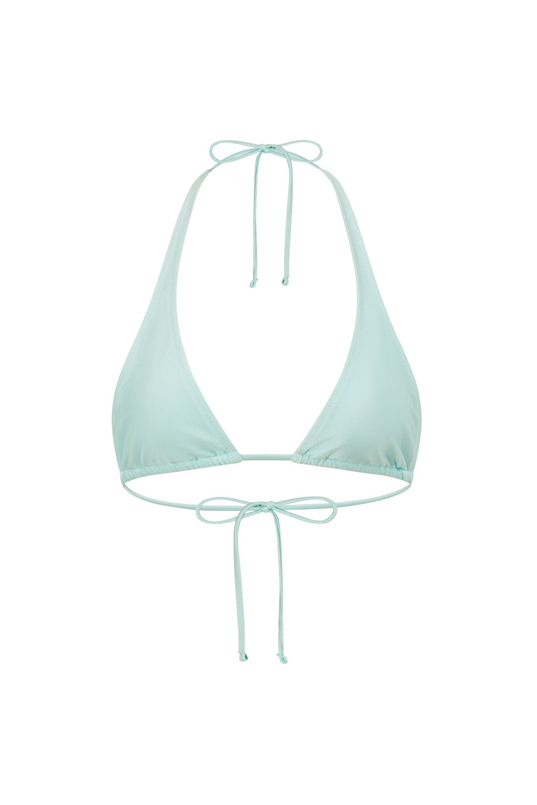 A aqua halter bikini top with tie details at the neckline and bottom, displayed against a solid white background.